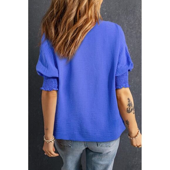 Everyday the Label Smocked Johnny Collar Half Sleeve Blouse Women Blue Blouses & - Picture 2 of 5